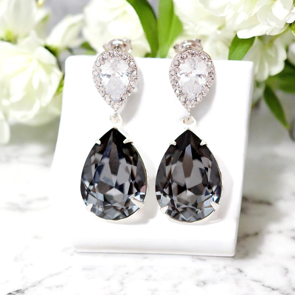 Charcoal Grey Earrings Silver Night Crystal Post Earrings SN31P