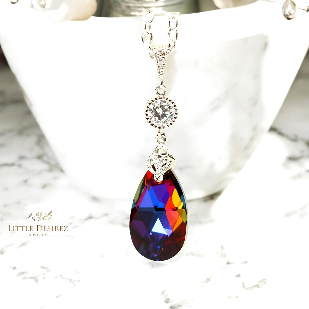 Crystal Necklace Volcano Crystal Pendant Cobalt Purple Orange Bridesmaid Necklace Cubic Zirconia Sterling Silver VO32N