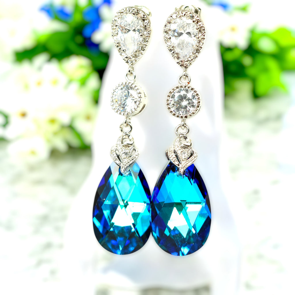 Bridal Chandelier Earrings Blue Dangle Earrings for Women Bridesmaid Jewelry Beach Wedding Statement Earrings Pear Bridal Earrings BB32PC