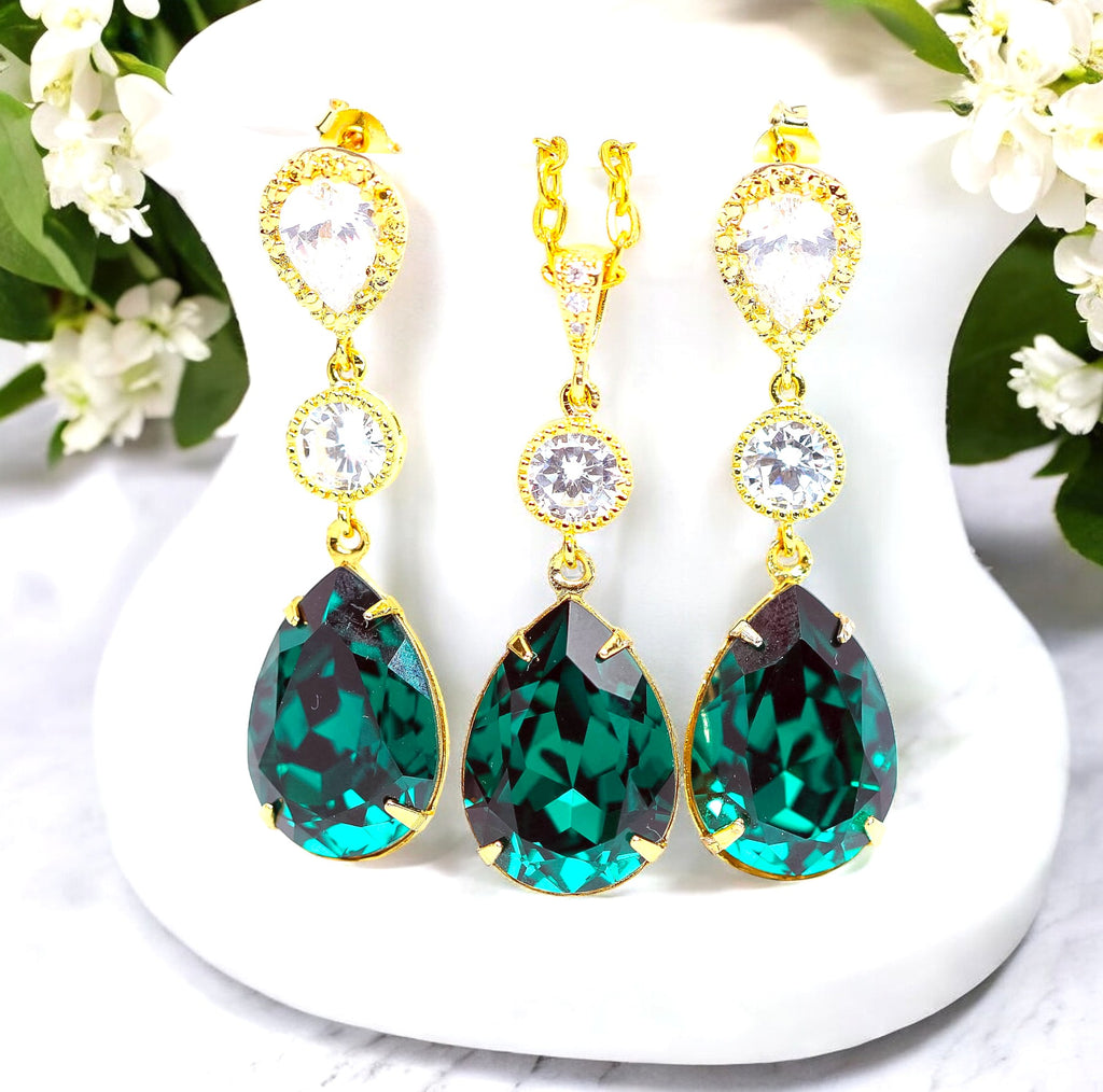 Emerald Earrings and Necklace Jewelry Set Emerald Earrings Green Accessory EM31JS