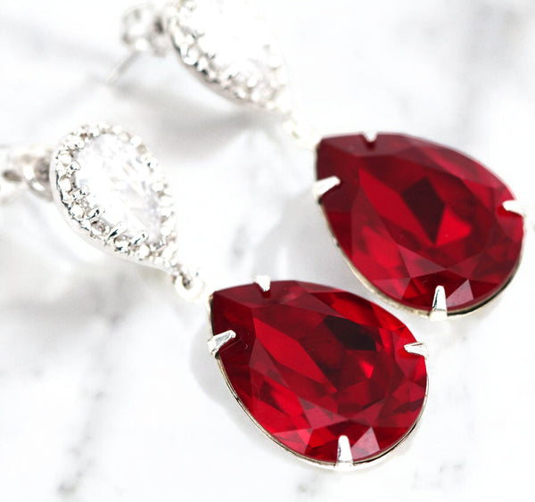 Dark Red Earrings Red Crystal Earrings Bridesmaid Jewelry Gold Earrings  Siam Earrings Cubic Zirconia Earrings Teardrop Stone SI31P