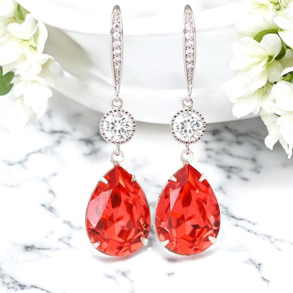 Orange Earrings Dark Peach Earrings Padparadscha Crystal Earrings Bridesmaid Earrings Bridal Earrings Cubic Zirconia PAD31HC