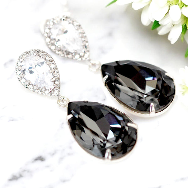 Charcoal Grey Earrings Silver Night Crystal Post Earrings SN31P