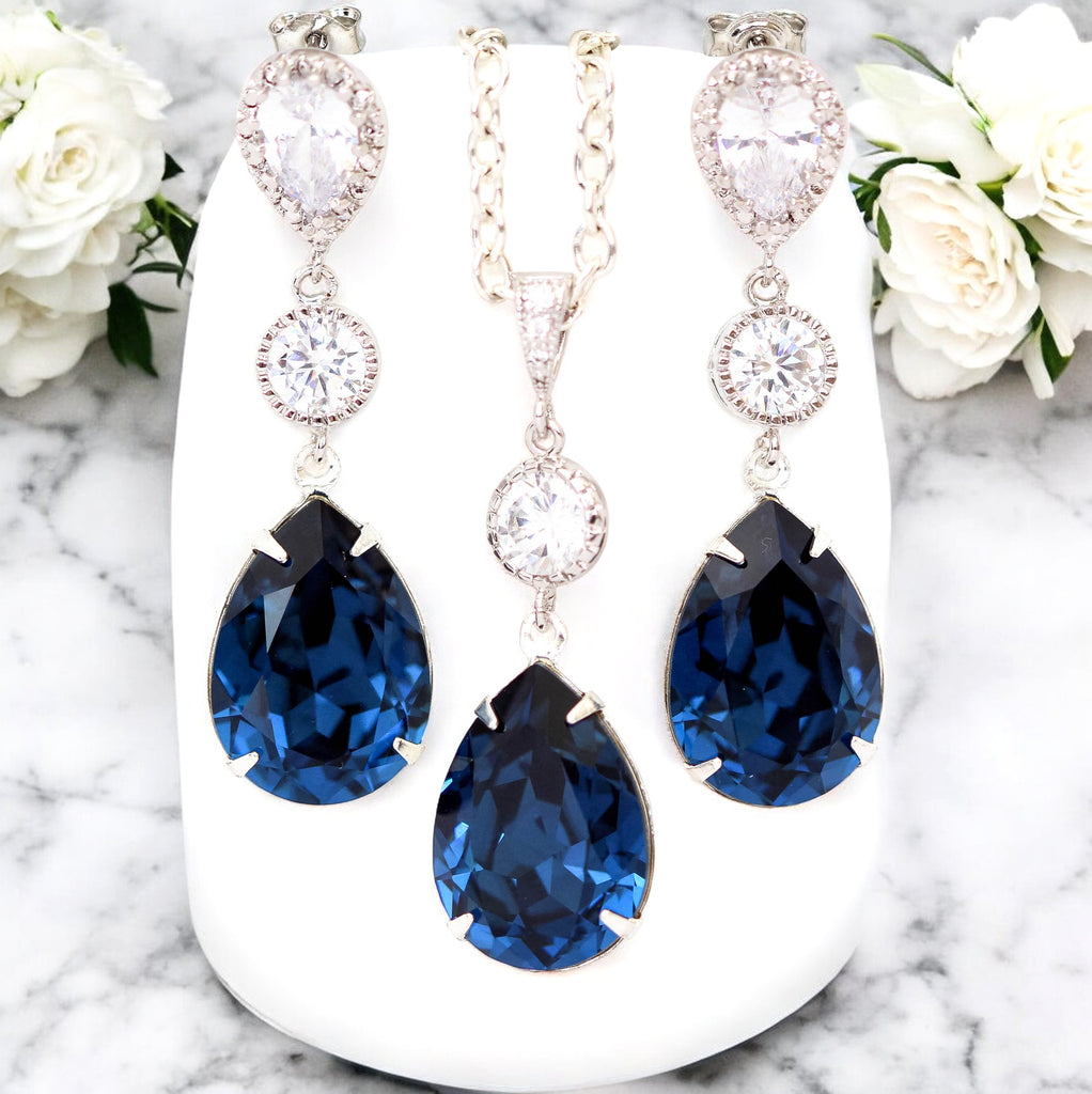 Navy Blue Bridal Set Navy Blue Jewelry Set Bridesmaid Jewelry Navy Bridal Party Jewelry Set Pear Jewelry Set Long Earrings Navy Blue MO31JS