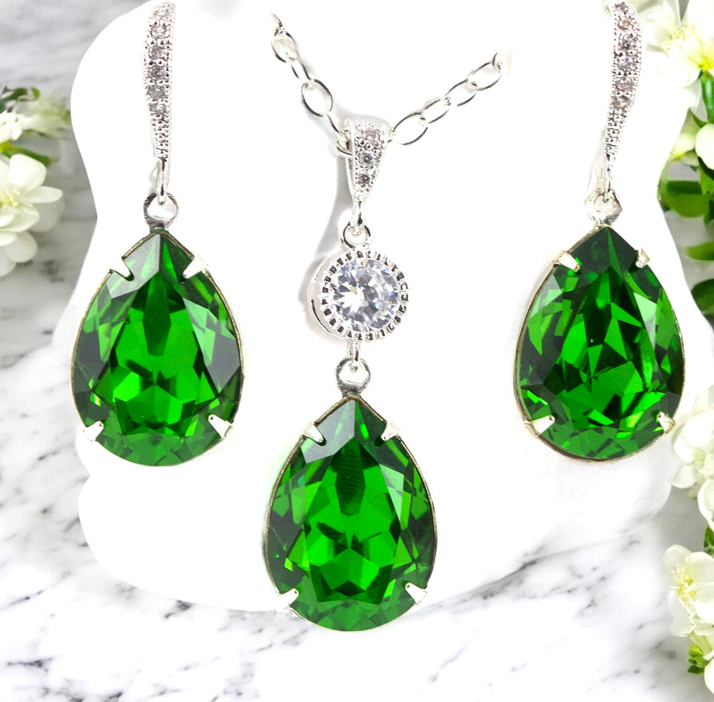 Earrings and Necklace Jewelry Set Crystal Jewelry Green Earrings Green Necklace Bridesmaid Gift FG31JS