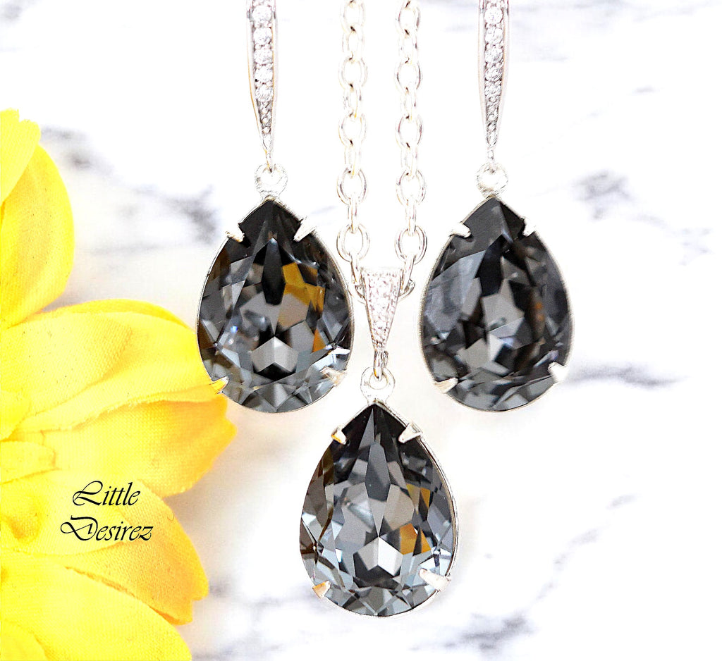 Necklace and Earrings Set Grey Charcoal Teardrop Earrings Smoky Grey Earrings Charcoal Grey Earrings Bridesmaid Gift Silver Night SN31JS