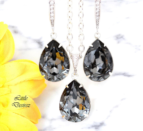 Necklace and Earrings Set Grey Charcoal Teardrop Earrings Smoky Grey Earrings Charcoal Grey Earrings Bridesmaid Gift Silver Night SN31JS