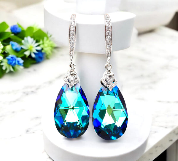Blue Wedding Jewelry  Crystal Bermuda Blue Bridesmaid Gift Bridal Jewelry Blue Green Crystal Sterling Silver Hypoallergenic BB32JS