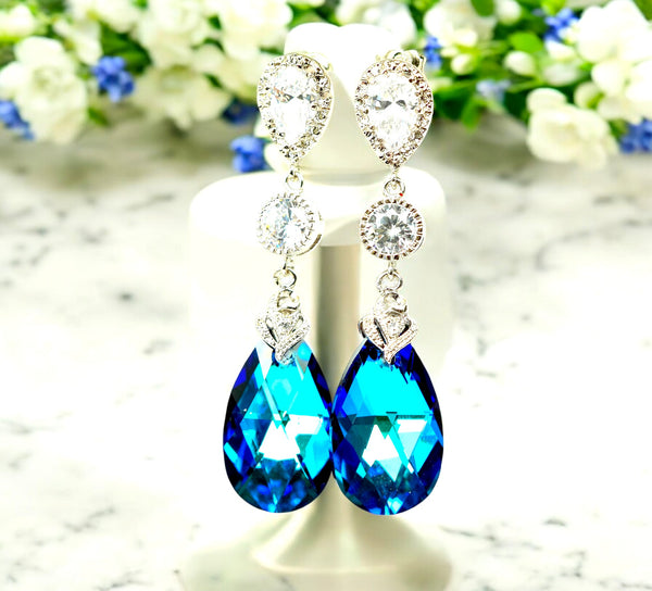 Wedding Jewelry Bridal Earrings Necklace Set Bermuda Blue Crystal Bridesmaid Jewelry Peacock Jewelry Cubic Zirconia Jewelry BB32JS