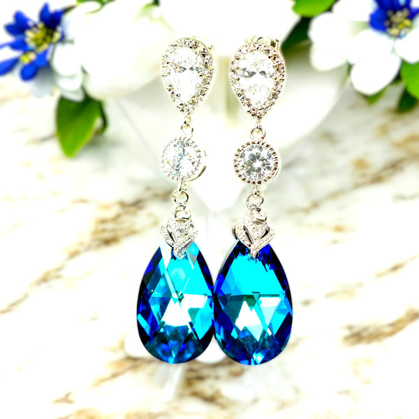 Bridal Chandelier Earrings Blue Dangle Earrings for Women Bridesmaid Jewelry Beach Wedding Statement Earrings Pear Bridal Earrings BB32PC