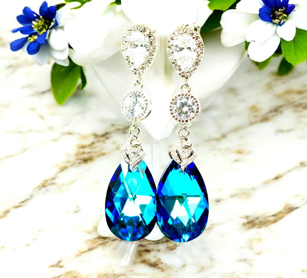 Wedding Jewelry Bridal Earrings Necklace Set Bermuda Blue Crystal Bridesmaid Jewelry Peacock Jewelry Cubic Zirconia Jewelry BB32JS
