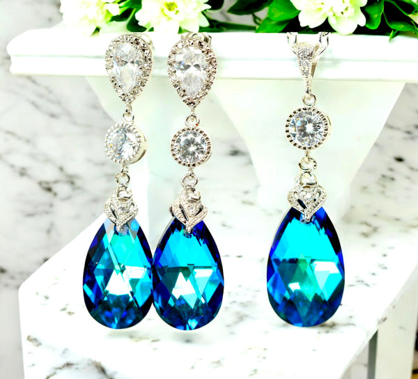 Wedding Jewelry Bridal Earrings Necklace Set Bermuda Blue Crystal Bridesmaid Jewelry Peacock Jewelry Cubic Zirconia Jewelry BB32JS