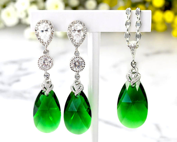 Long Emerald Earrings and Necklace Set Jewelry Set Emerald Jewelry Bridesmaid Gift Dark Green Drop Earrings Forrest Green DM32JS