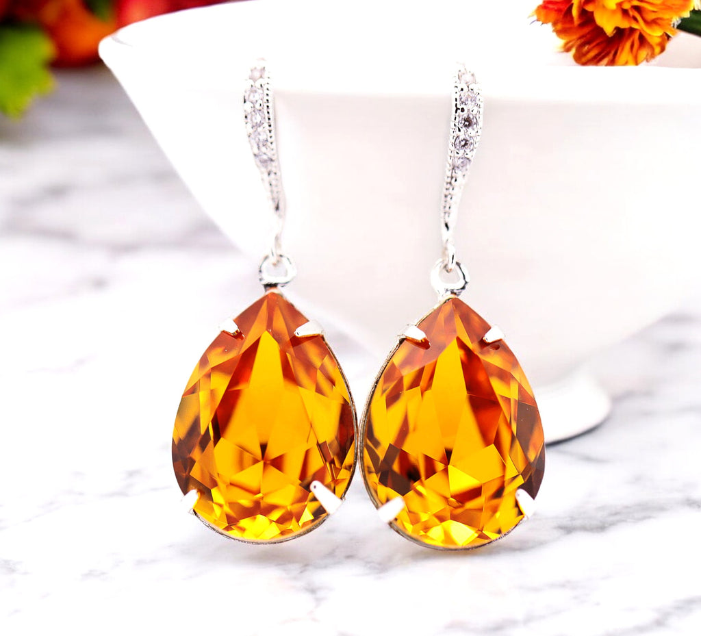 Topaz Crystal Earrings – Golden Teardrop Dangle, Bridal Bridesmaid Jewelry, Bridesmaid Gift, Fall Wedding Jewelry, Gift for Her