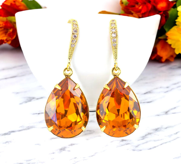 Topaz Crystal Earrings – Golden Teardrop Dangle, Bridal Bridesmaid Jewelry, Bridesmaid Gift, Fall Wedding Jewelry, Gift for Her