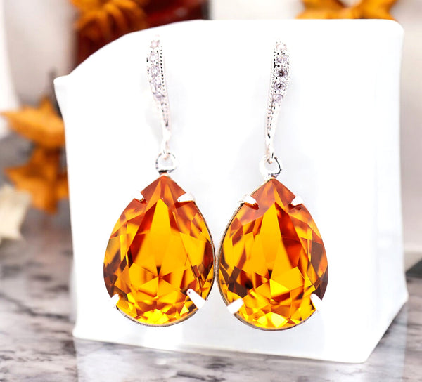 Topaz Crystal Earrings – Golden Teardrop Dangle, Bridal Bridesmaid Jewelry, Bridesmaid Gift, Fall Wedding Jewelry, Gift for Her