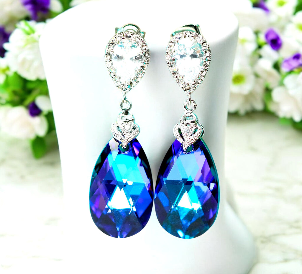 Purple Blue Jewelry Purple Earrings Pear Bridal Jewelry Crystal Earrings Peacock Earrings Bridesmaid Earrings Gift for Her Heliotrope HE32P