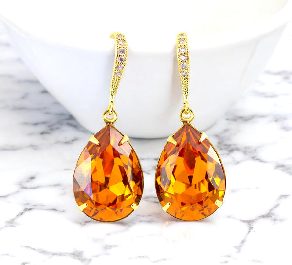 Topaz Crystal Earrings – Golden Teardrop Dangle, Bridal Bridesmaid Jewelry, Bridesmaid Gift, Fall Wedding Jewelry, Gift for Her
