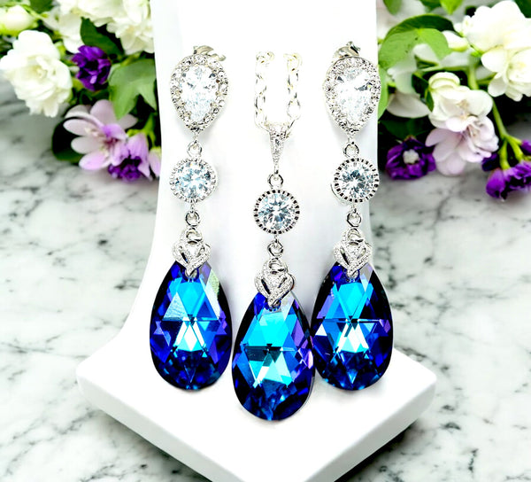 Purple Earrings and Necklace Set Bridal Jewelry Beach Wedding Bridesmaid Gift Peacock Jewelry HE32JS