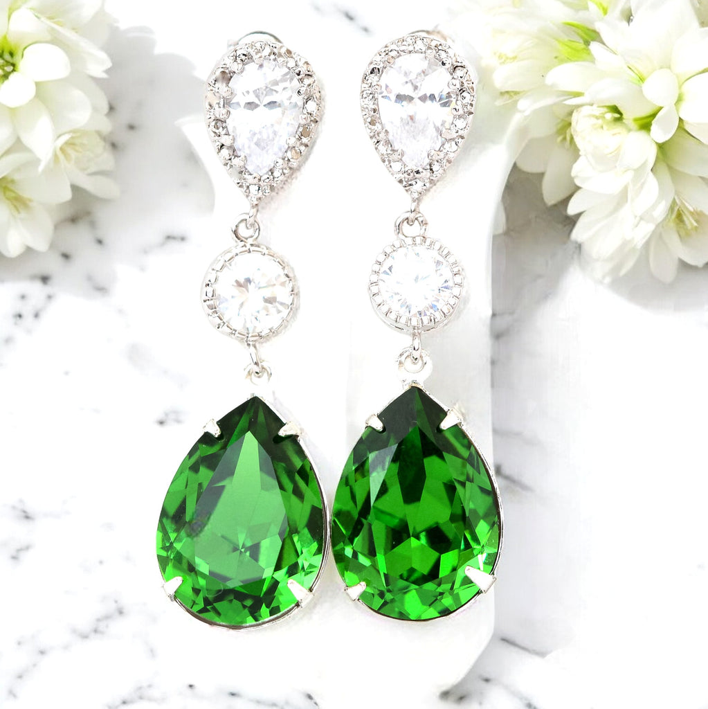 Green Earrings  Crystal Earrings Fern Green Emerald Earrings Cubic Zirconia Earrings Bridesmaid Gift Bridal Party Jewelry FG31PC