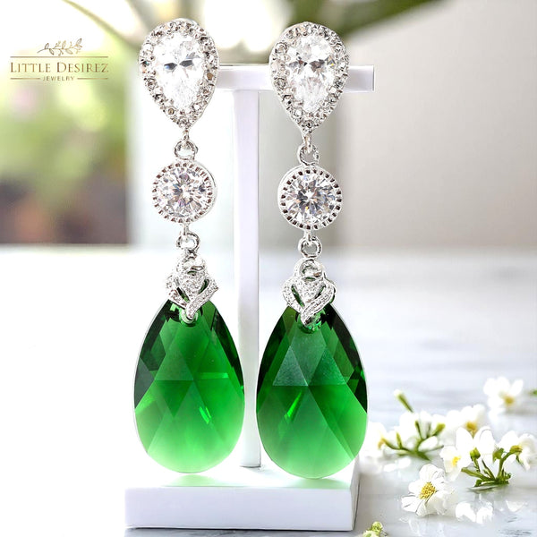 Green Earrings Emerald Earrings Bridal Earrings Long Crystal Earrings Dark Green Earrings Forest Green Cubic Zirconia Bridesmaid Gift DM32PC