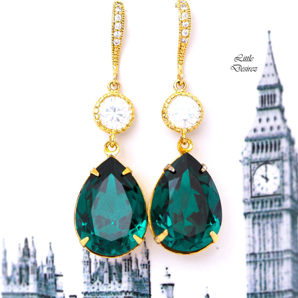 Emerald Green Earrings Bridal Earrings  Green Earring Cubic Zirconia 16k Gold Plated Setting Bridesmaid Gift Wedding Jewelry EM31HC