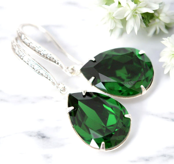 Dark Green Earrings Emerald Earrings Bridal Earrings Deep Green Earrings Dangle Earrings  Crystal Jewelry Bridesmaid Earrings DM31H