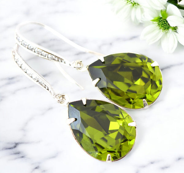 Olive Green Earrings Olivine  Teardrop Earrings Bridal Earrings Bridesmaid Gift Silver Earrings Sparkly Bridal Party Jewelry OG31H