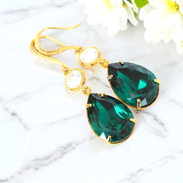 Emerald Green Earrings Bridal Earrings  Green Earring Cubic Zirconia 16k Gold Plated Setting Bridesmaid Gift Wedding Jewelry EM31HC
