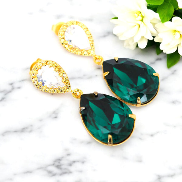 Emerald Earrings Green Earrings Gold Earrings Dark Green Bridesmaid Earrings Bridal Earrings Emerald Wedding Jewelry Holiday Jewelry EM31P