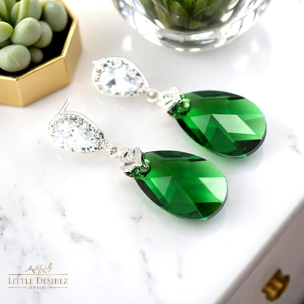 Green Earrings Emerald Earrings  Crystal Dark Moss Earrings Dark Green Earring Cubic Zirconia Bridesmaid Gift Holiday Jewelry DM32P