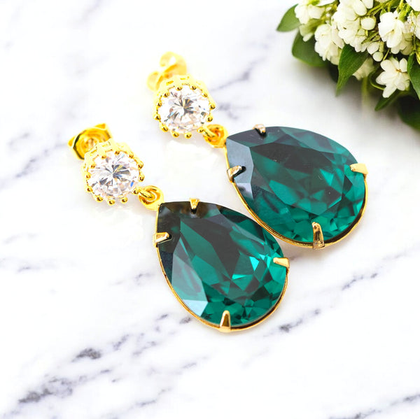 Emerald Post Earrings Green Earrings Teardrop Crystal Emerald Green Jewelry Cubic Zirconia 16k Gold Plated Bridesmaid Gift Christmas EM31H