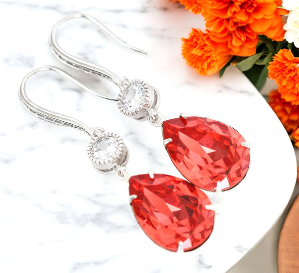 Orange Earrings Dark Peach Earrings Padparadscha Crystal Earrings Bridesmaid Earrings Bridal Earrings Cubic Zirconia PAD31HC