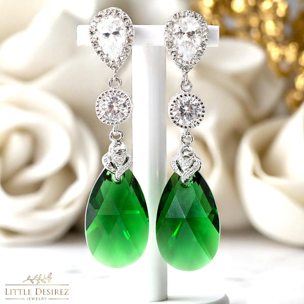 Green Earrings Emerald Earrings Bridal Earrings Long Crystal Earrings Dark Green Earrings Forest Green Cubic Zirconia Bridesmaid Gift DM32PC