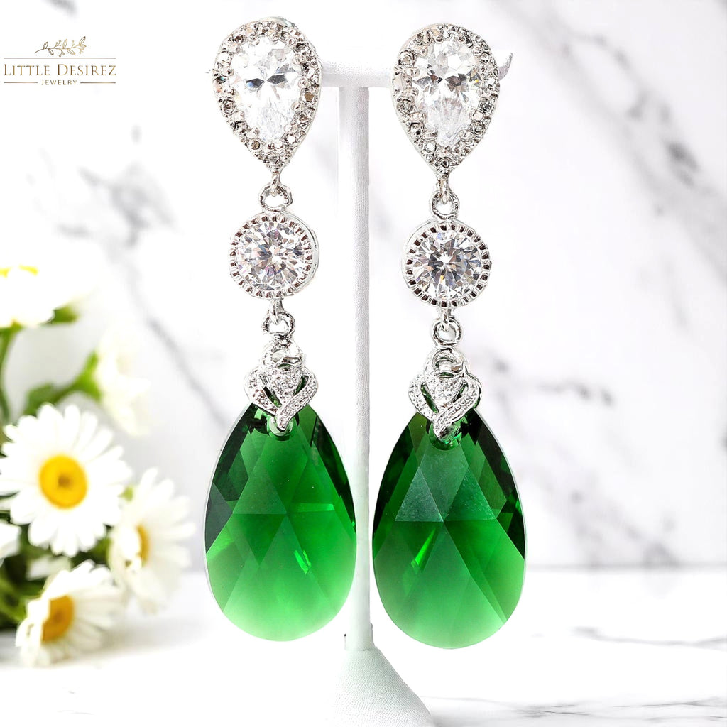 Green Earrings Emerald Earrings Bridal Earrings Long Crystal Earrings Dark Green Earrings Forest Green Cubic Zirconia Bridesmaid Gift DM32PC