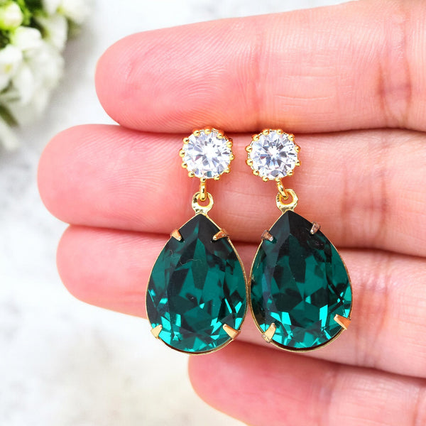 Emerald Post Earrings Green Earrings Teardrop Crystal Emerald Green Jewelry Cubic Zirconia 16k Gold Plated Bridesmaid Gift Christmas EM31H