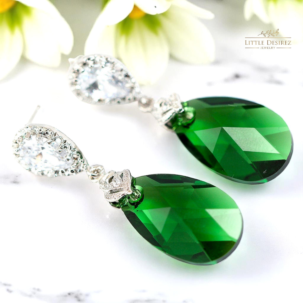 Green Earrings Emerald Earrings  Crystal Dark Moss Earrings Dark Green Earring Cubic Zirconia Bridesmaid Gift Holiday Jewelry DM32P