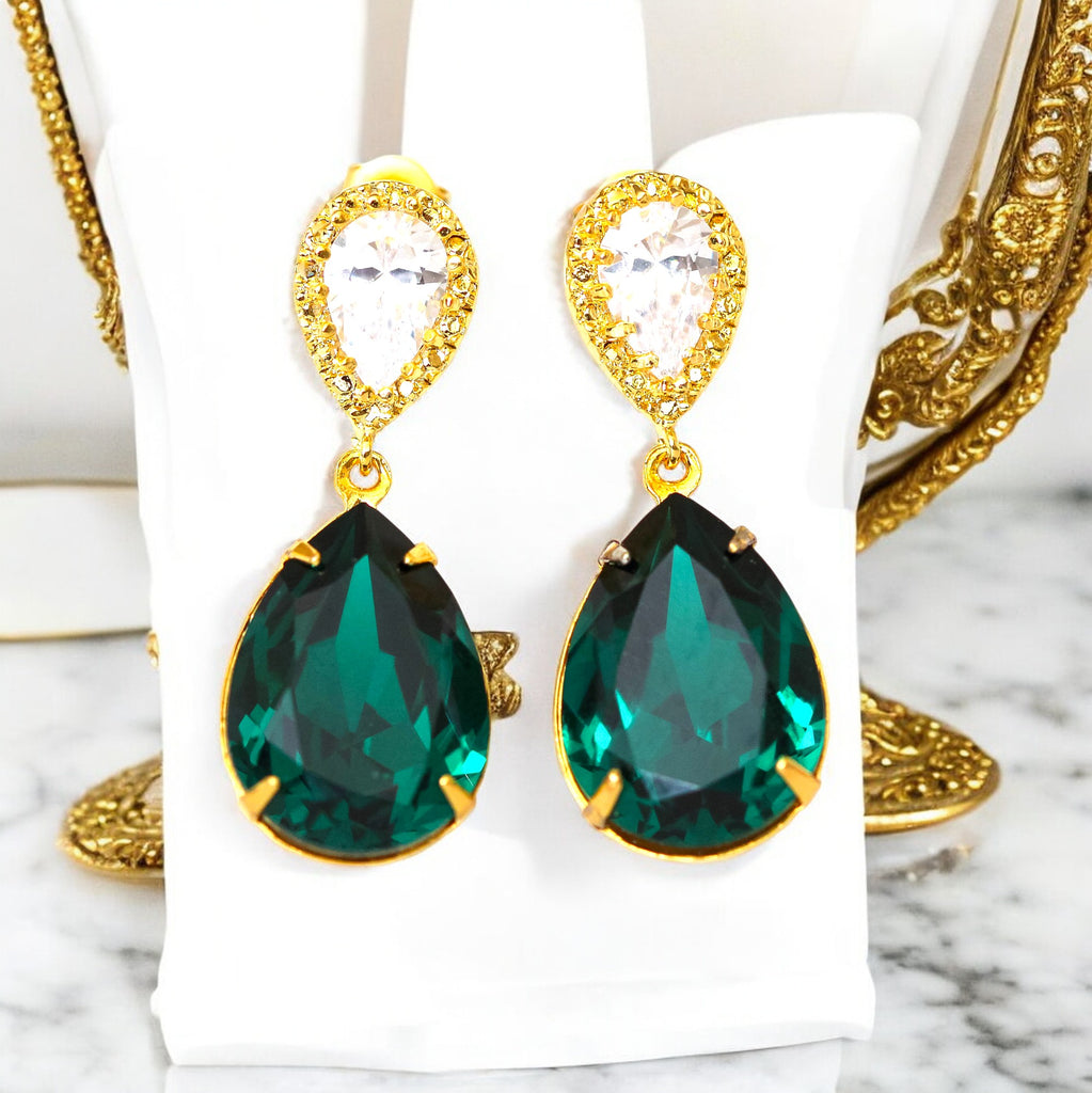 Emerald Earrings Green Earrings Gold Earrings Dark Green Bridesmaid Earrings Bridal Earrings Emerald Wedding Jewelry Holiday Jewelry EM31P