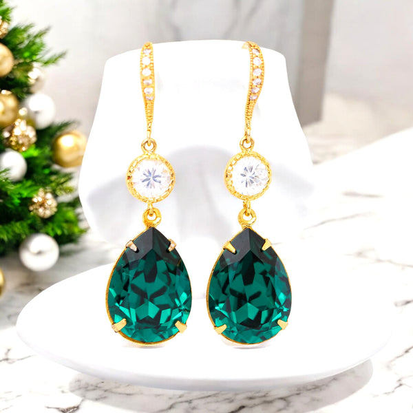 Emerald Green Earrings Bridal Earrings  Green Earring Cubic Zirconia 16k Gold Plated Setting Bridesmaid Gift Wedding Jewelry EM31HC