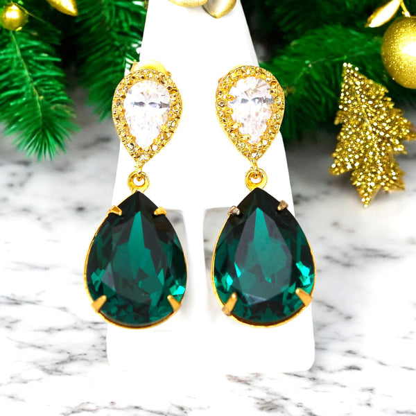 Emerald Earrings Green Earrings Gold Earrings Dark Green Bridesmaid Earrings Bridal Earrings Emerald Wedding Jewelry Holiday Jewelry EM31P