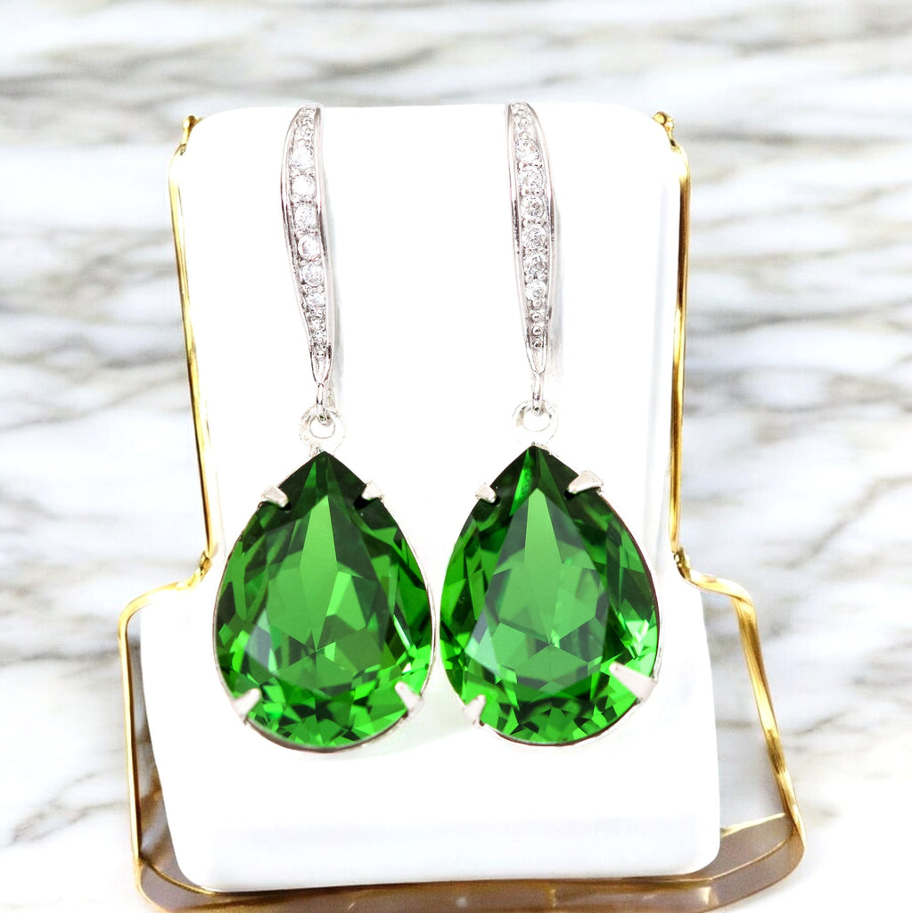 Green Earrings Bright Green Earrings Bridesmaid Earrings  Crystal Fern Green Teardrop Earrings Sparkly Bridal Wedding Earring FG31H