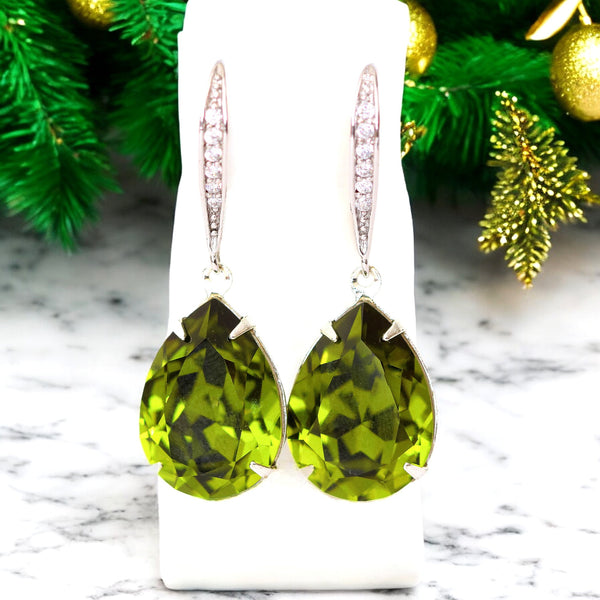 Olive Green Earrings Olivine  Teardrop Earrings Bridal Earrings Bridesmaid Gift Silver Earrings Sparkly Bridal Party Jewelry OG31H