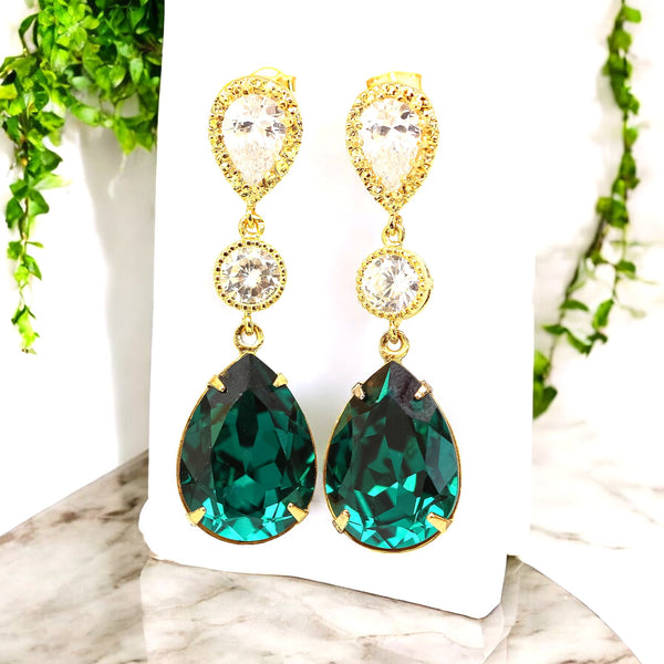 Emerald Green Earrings Gold & Green Earrings  Crystal Teardrop Bridesmaid Earrings Holiday Jewelry Gift Dark Green Earrings EM31PC