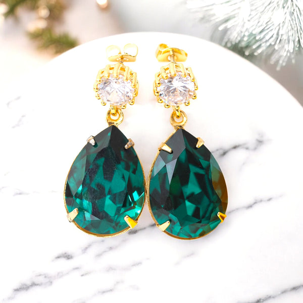 Emerald Post Earrings Green Earrings Teardrop Crystal Emerald Green Jewelry Cubic Zirconia 16k Gold Plated Bridesmaid Gift Christmas EM31H