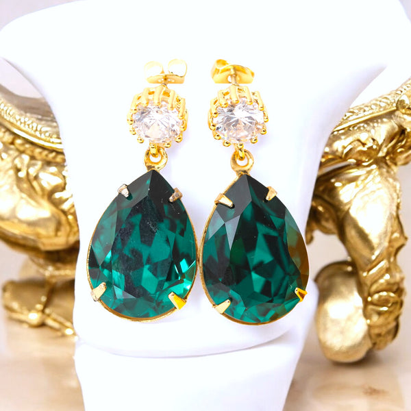 Emerald Post Earrings Green Earrings Teardrop Crystal Emerald Green Jewelry Cubic Zirconia 16k Gold Plated Bridesmaid Gift Christmas EM31H