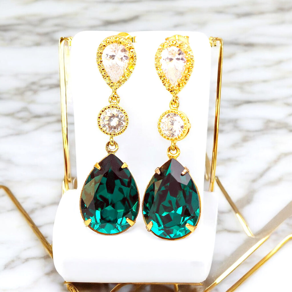Emerald Green Earrings Gold & Green Earrings  Crystal Teardrop Bridesmaid Earrings Holiday Jewelry Gift Dark Green Earrings EM31PC
