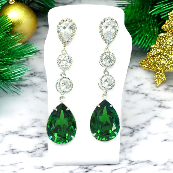 Long Green Earrings Dark Green Earrings Dark Moss Stone Cubic Zirconia Earrings Sterling Silver Bridesmaids Drop Earrings DM31PCC