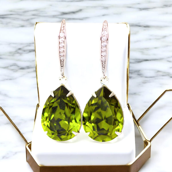 Olive Green Earrings Olivine  Teardrop Earrings Bridal Earrings Bridesmaid Gift Silver Earrings Sparkly Bridal Party Jewelry OG31H