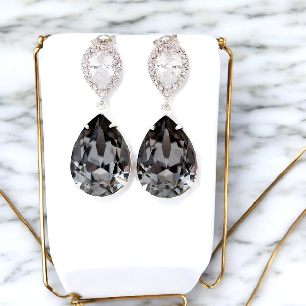 Charcoal Grey Earrings Silver Night Crystal Post Earrings SN31P