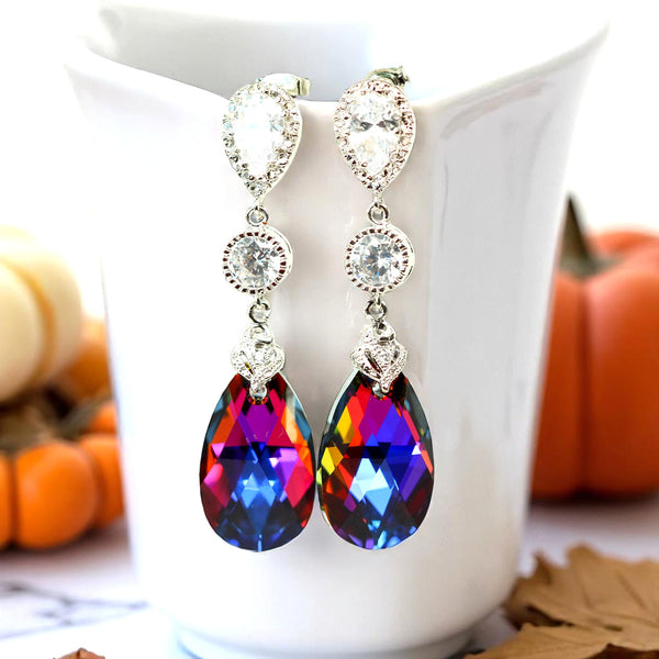 Bridesmaid Gift Volcano Crystal Earrings & Necklace Set Cobalt Purple Orange Cubic Zirconia Jewelry Statement Jewelry VO32JS
